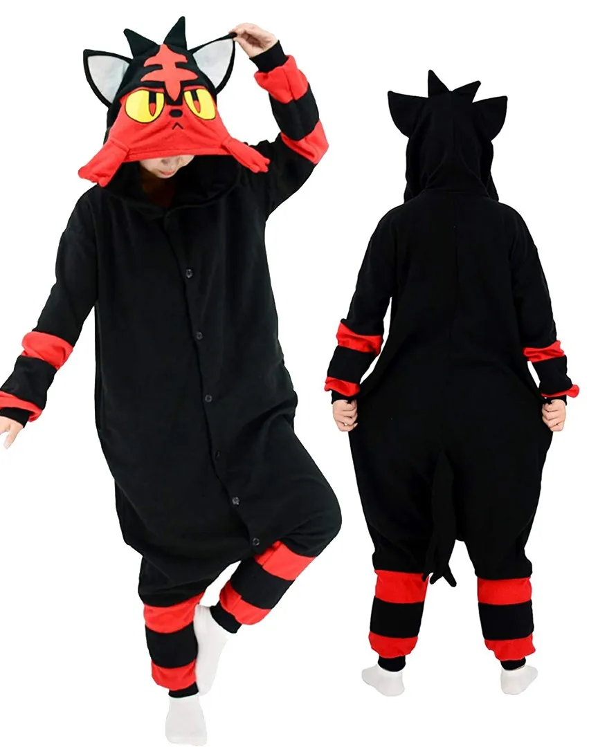 Women Pajamas Pokmoon Onesie Litten Kigurumi Anime Jumpsuit with Long Sleeves and Hood Halloween Christmas Cosplay Costume Party