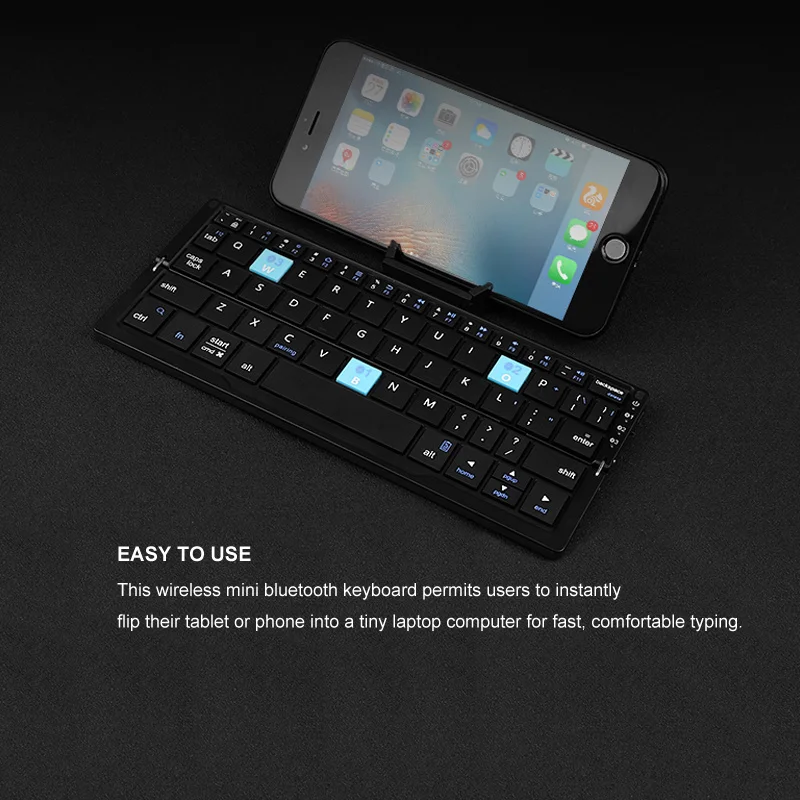 CACOE Clavier Bluetooth Pliable AZERTY – Mini Clavier Sans Fil Ultra-Portable Avec Support, Double Canal, Compatible IPad, IPhone, Android, Windows – Noir