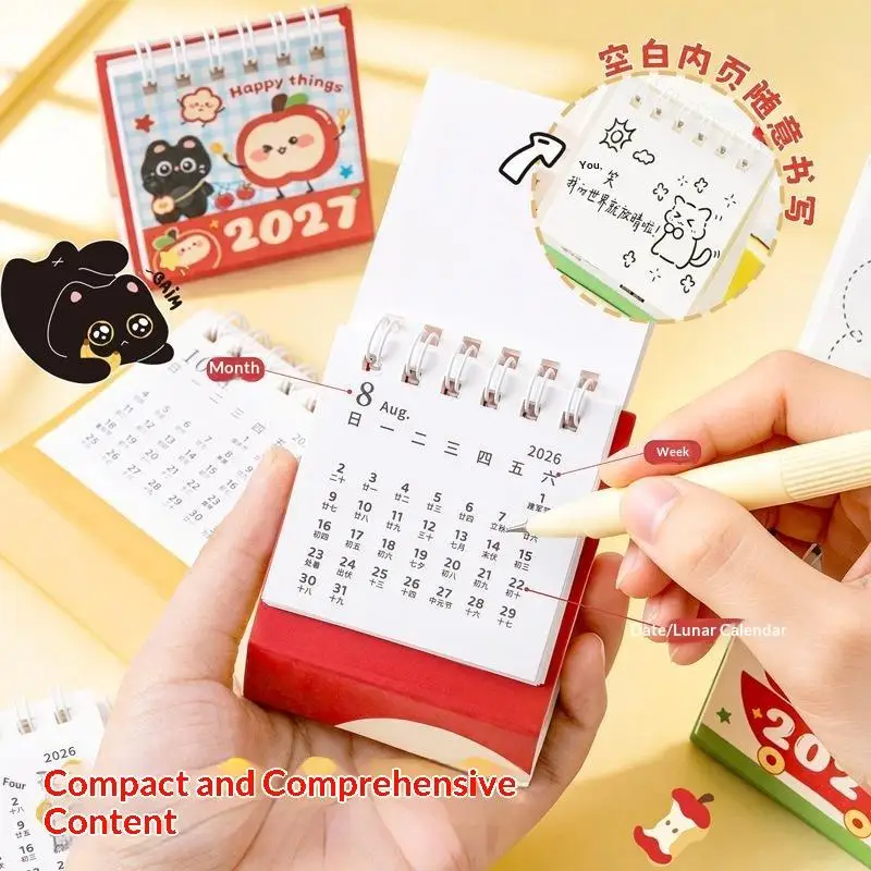 [F] 2027 Mini Desktop Calendar Cute Cartoon Cat Prints Desk Calendar Portable Office Desk Decoration