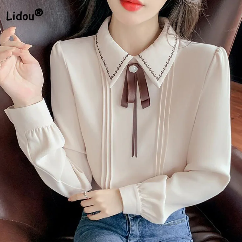 

Commute Fashion Female Solid Color Polo-Neck Blouse Autumn Women's Clothing Korean Beading Spliced Simplicity Long Sleeve Shirt