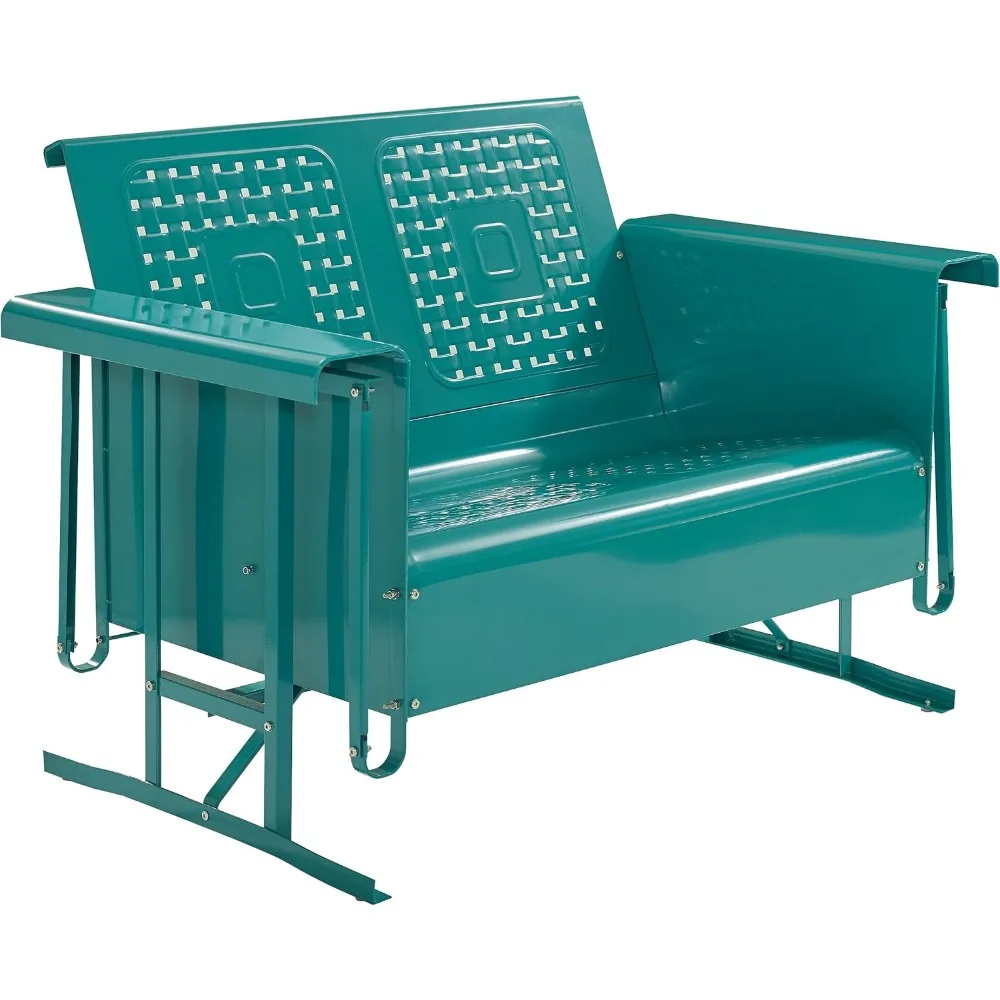 

Turquoise Two-Person Retro Metal Outdoor Loveseat Glider Bench for Porch and Deck