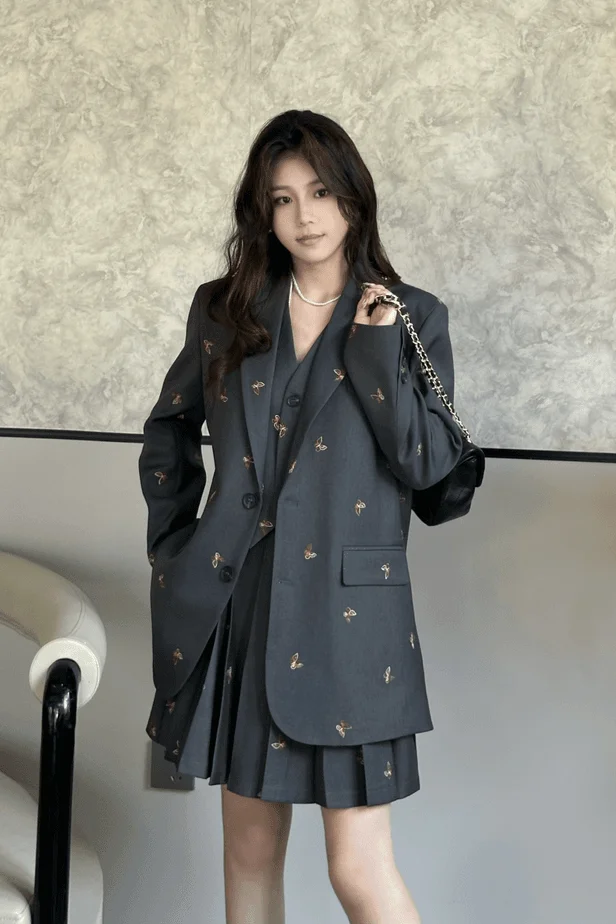 

​​Women's Embroidered Blazer Mini Skirt Vest 3 Piece Set Autumn Solid Color Coordinated Suit Office Chic​​
