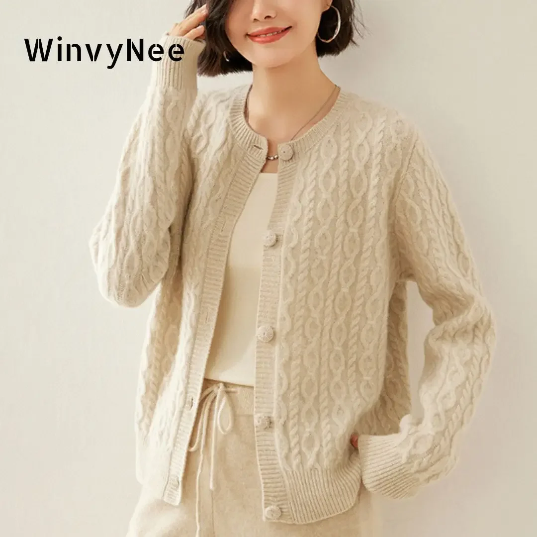 

WinvyNee Women's Cashmere Merino Wool Cardigans Sweaters Solid O-neck Twist Pattern Thick Casual Winter Cropped Coats B1264038