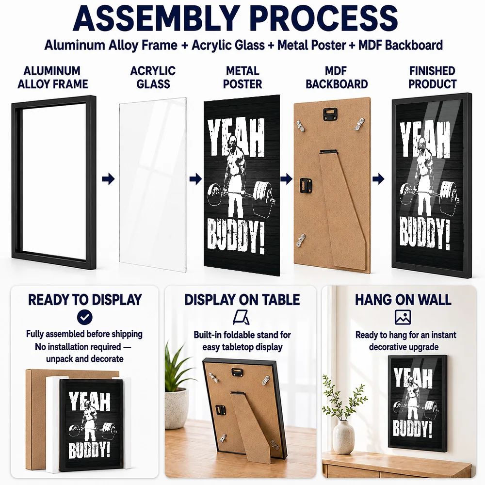 Yeah Buddy Weightlifting Illustration Framed Aluminum Metal Poster Personalized Typographic Wall Art For Home Gym And Office