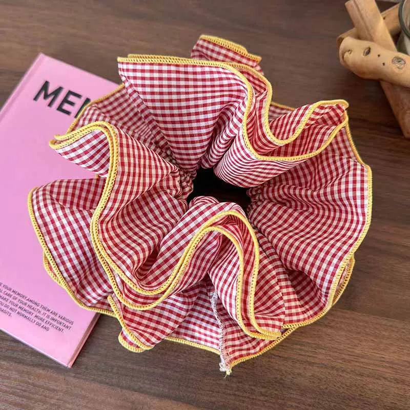 INS Ballet Style Plaid Ruffle Edge Large Elastic Hair Bands For Women Romantic 4 Layers Ponytail Holder Female Hair Accessories