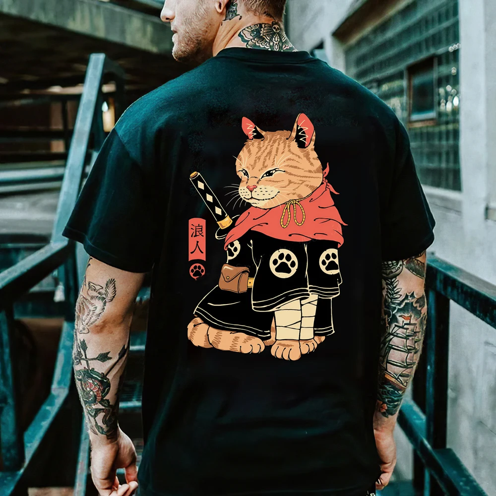 Japan Samurai Cat Harajuku Men\'s T Shirt Summer Street Trend Black Tee Leisure O-neck Short Sleeve Top Oversized Vintage Clothes