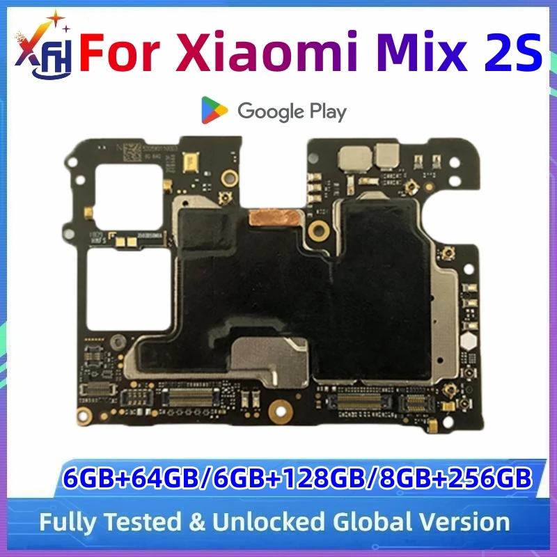 Motherboard MB untuk Xiaomi Mi Mix 2S, 64GB, 128GB, 256GB ROM, Unlocked Mainboard, dengan Google Playstore terpasang