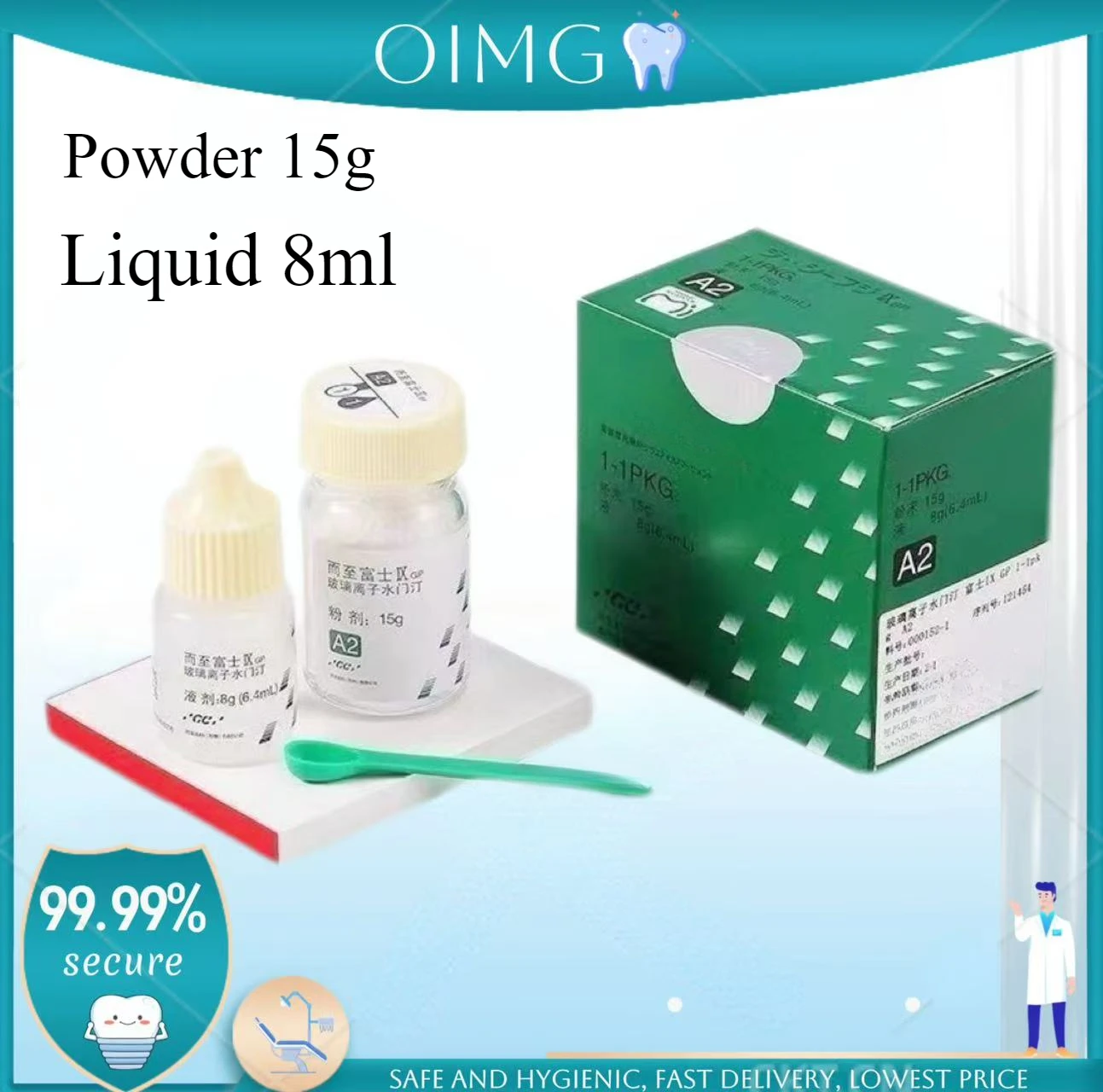 

Dental material Fuji 9 glass ionomer dental restoration filled with orthodontic adhesive Powder 15g Liquid 8ml.