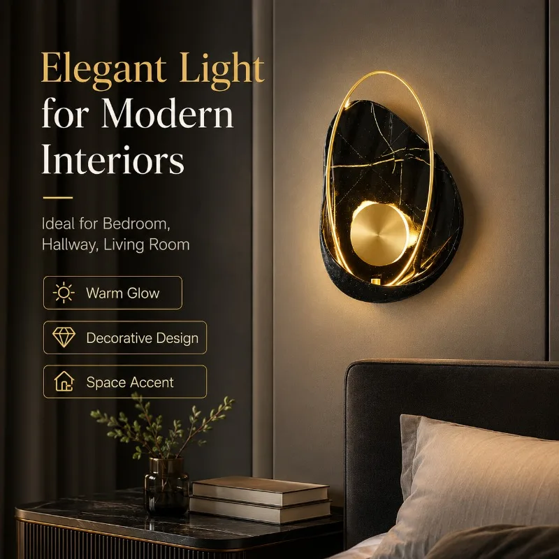 40cm Black Marble Texture Resin LED Wall Lamp Copper Oval Sconce 5W Warm Light for Bedroom Bedside Hallway Hotel Wall Lamp