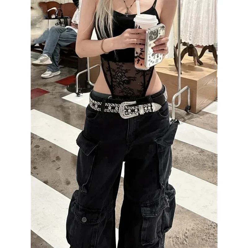 American Retro High Street Jeans Donna Casual 2000s Streetwear Tasche multiple Pantaloni larghi in denim Y2K Pantaloni larghi a gamba larga Grunge