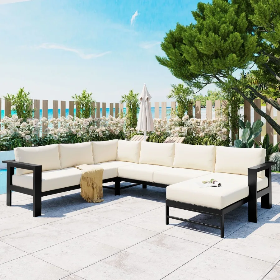 

Ushaped multiperson outdoor sofa set suitable for gardens backyards and balconies.