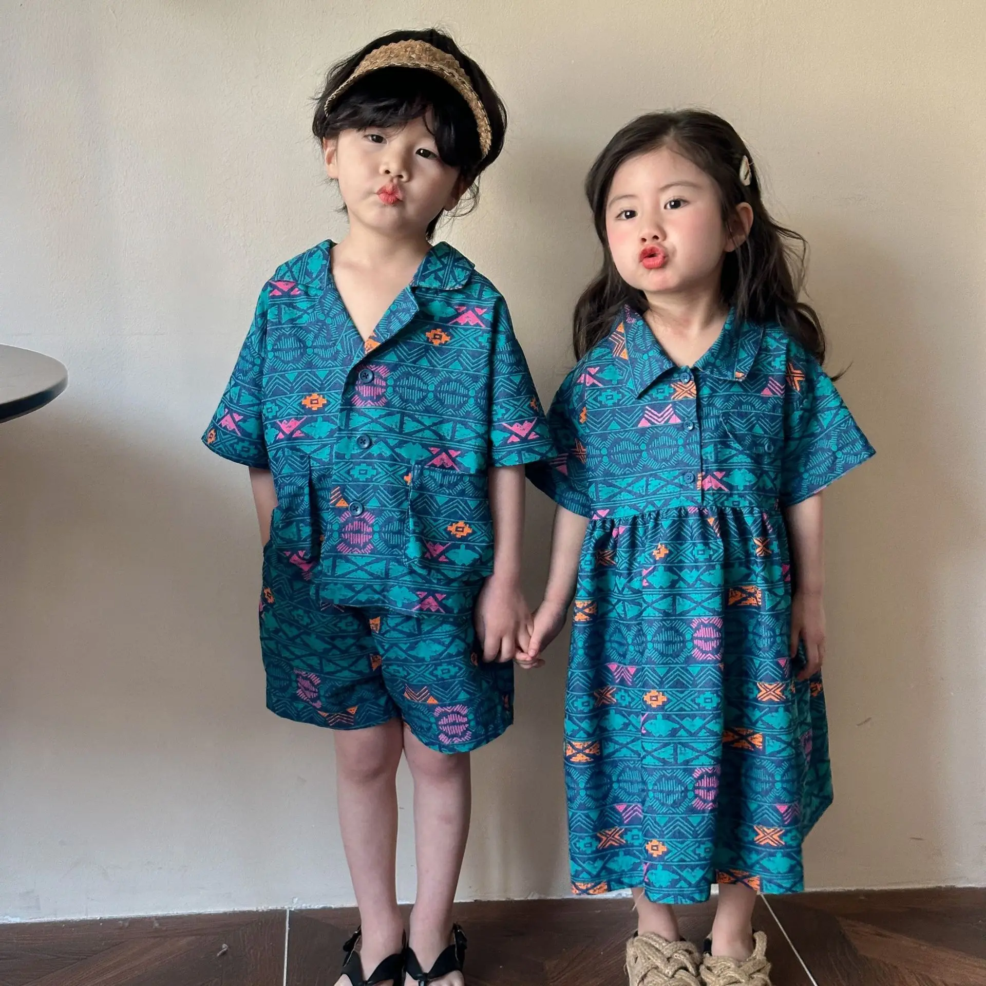 

2024 Fashion Summer Brother Sister Denim Outfits Kids Boy Loose Print Short Sleeve Tops+Shorts 2ps Girl Baby Cotton Casual Dress