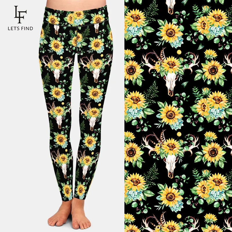 LETSFIND 220gsm doppio lato spazzolato morbido latte stampa seta pantaloni donna vita alta girasoli e corna Leggings modello