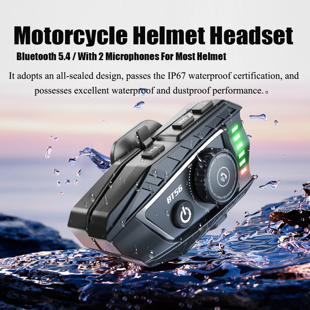 

Гарнитура для мотоциклетного шлема, Bluetooth 5,4, стереонаушники IP67, водонепроницаемый голосовой помощник, громкая связь, звонок с музыкальным ритм-подсветкой