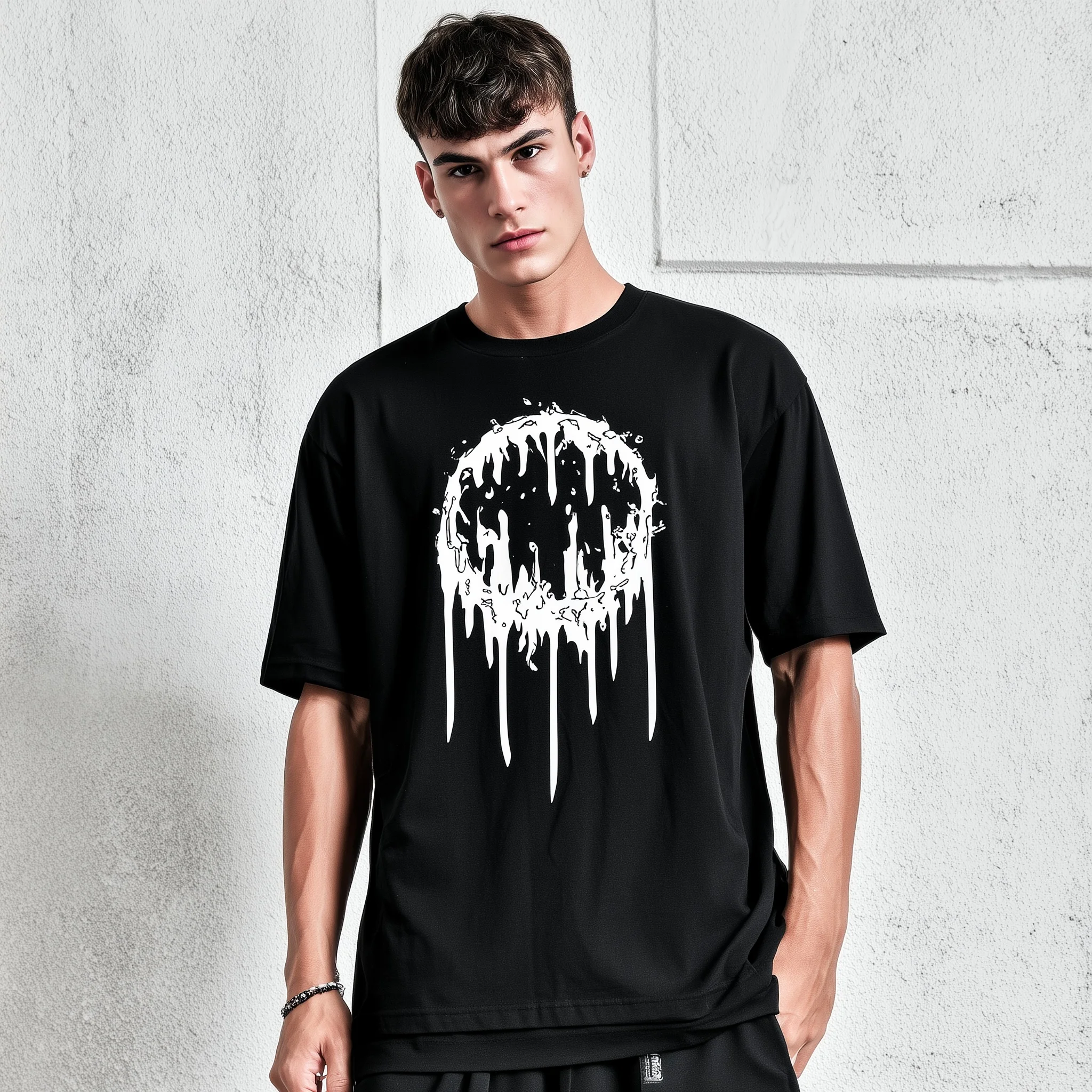 

Teevo Men's Oversized T-Shirt Black Dripping Skull Graphic Casual Streetwear