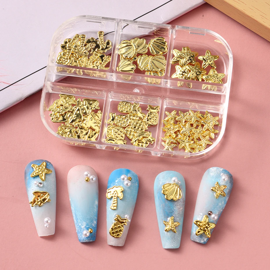 6Grids Luxury Nail Charms Ocean Shell Starfish Hawaii Design Gold Metal Jewelry Coconut Dolphin Figures Manicure Art Accessories