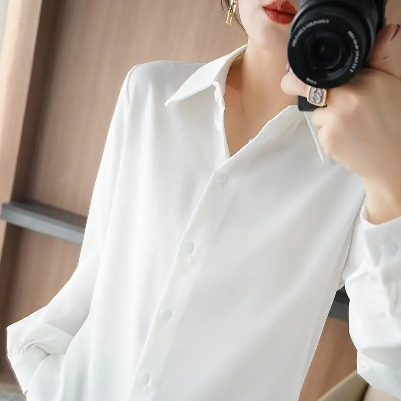 Office Lady Solid Color Long Sleeve Blouses Spring Autumn Turn-down Collar Patchwork Button High Gloss Satin Shirt for Women