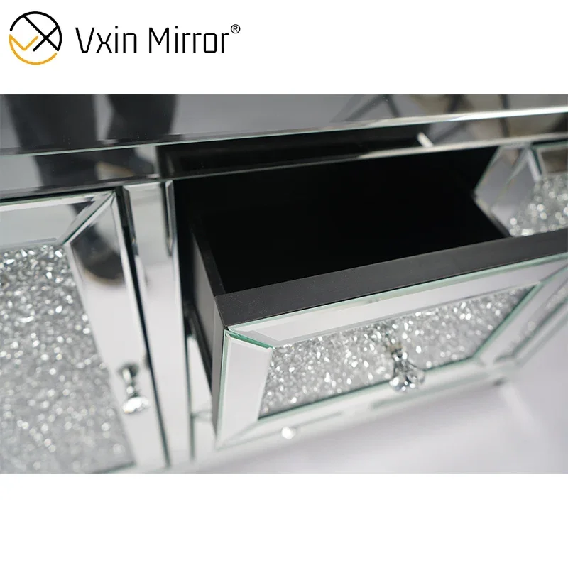 Silver Diamond Crystal Mirror Cabinet 7 Drawers