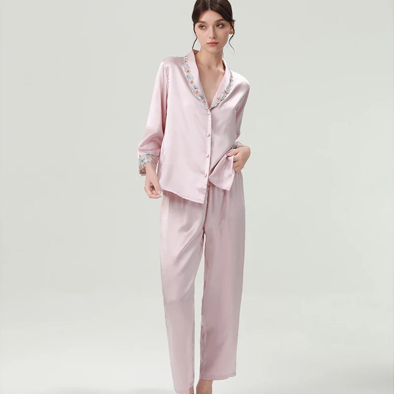 

Embroidered Lace 22MM 100% Mulberry Silk Women's Long Sleeved Trousers Pajamas Set 2Pcs Pijama Suit Lapel Cardigan Nightwear PJS