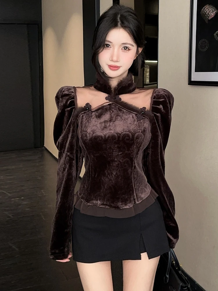 

Женская коричневая бархатная рубашка с длинными рукавами в стиле ретро, однотонная универсальная многослойная внутренняя часть с нечетким воротником, жаккардовая прозрачная тюлевая вставка