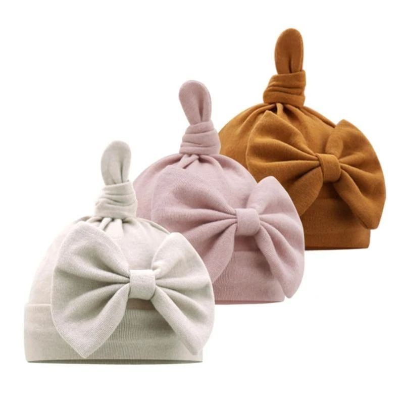 090B Infant Beanie Bow Hat 3Pcs Baby Hospital Hat Newborn Bun Knot Hats Muslin Headwear for Infant 0-1Month Baby Photo Props