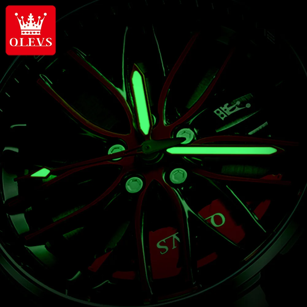 OLEVS-Relógio Quartz Masculino, Roda de Carro, Relógio de Pulso Masculino, Relógios Impermeáveis, Aço Completo, Hub Dial, Legal, Preto, Vermelho