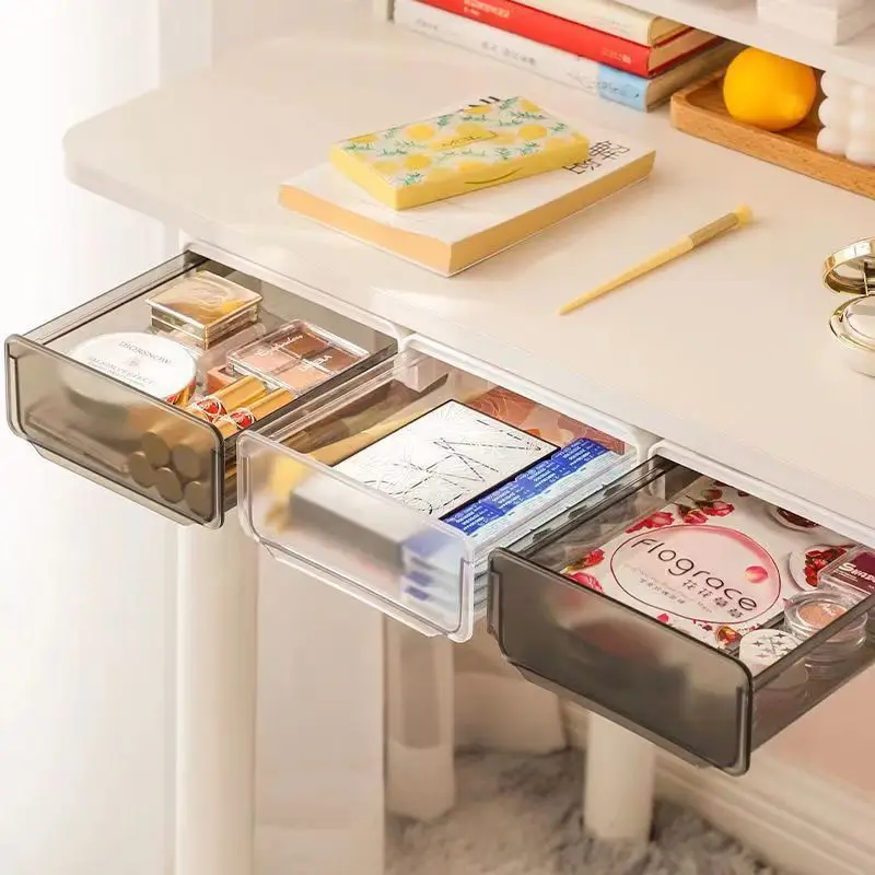 No Punching Undertable Drawer Style Saving Space Storage Box Invisible Hidden Desk Adhesive Transparent Plastic Container