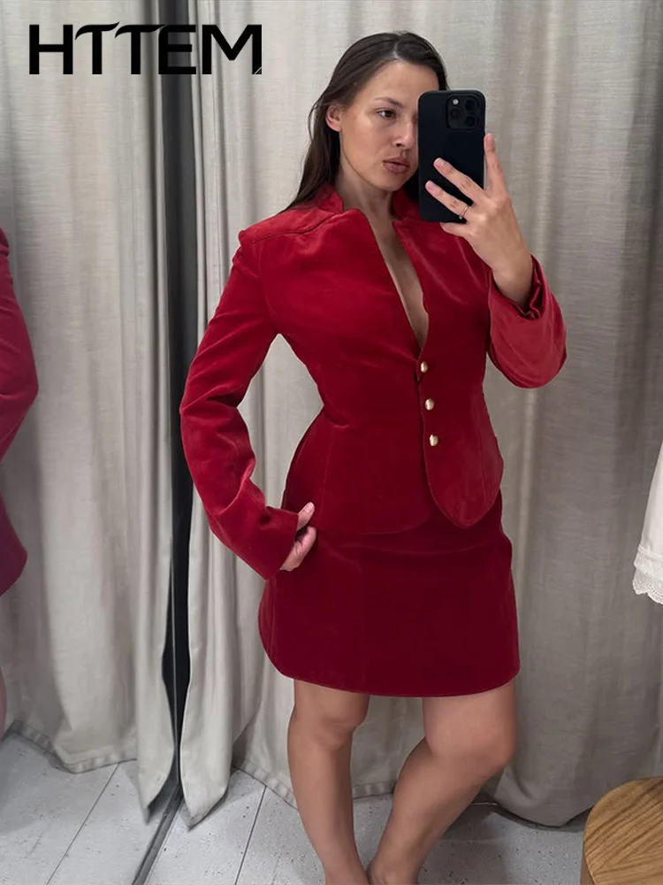 Elegant Women's Autumn Velvet Coat Skirt Suit Red Stand Collar Single Breasted Blazer A-line Mini Skirts 2026 Lady 2 Piece Sets