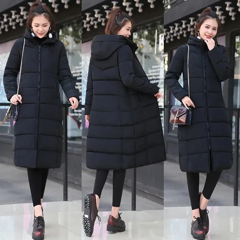 2024 New Black Down Cotton Coats Women Long Warm Winter Jacket Female Windproof Hooded Padded Puffer Parkas Women Overcoat M-4XL