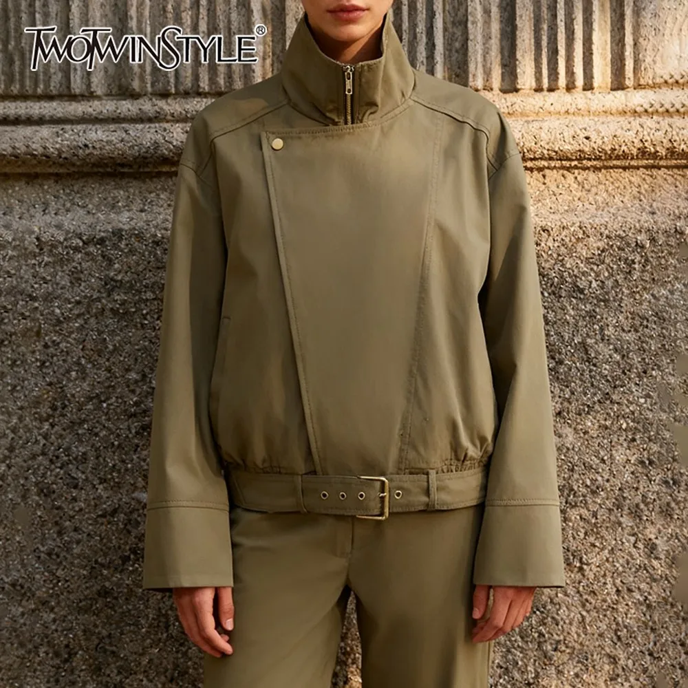 

TWOTWINSTYLE Casual Patchwork Zip Jacket for Women Stand Collar Long Sleeve Spliced Belt Hem Slim Short Windbreaker Coat Female