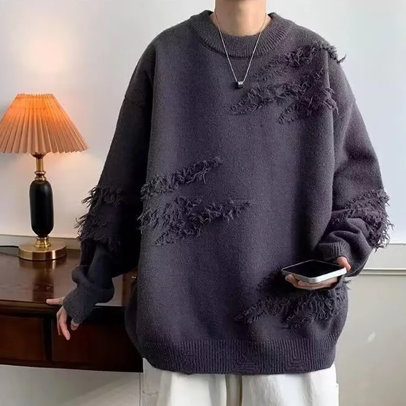 

Ripped Irregular Hole Sweater Men Y2K Vintage Knitwear Pullover Autumn Winter Hip Hop High Street Men's Oversize Sweater Knit