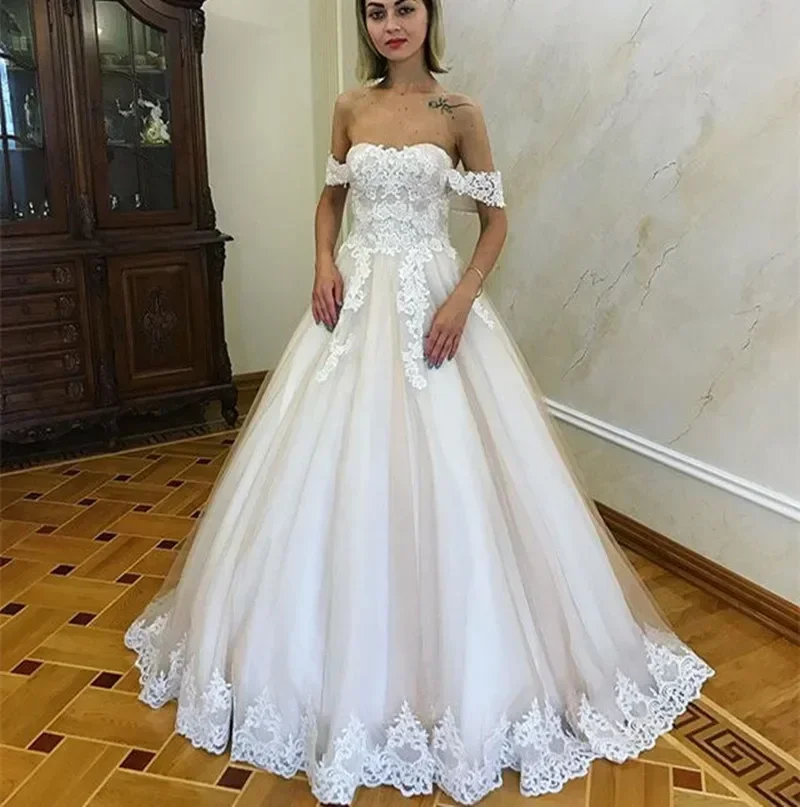 

Customized Off The Shoulder Lace Applique Wedding Dress 2024 Sweep Train Princess Robe De Mariée A-Line Backless Bridal Gown