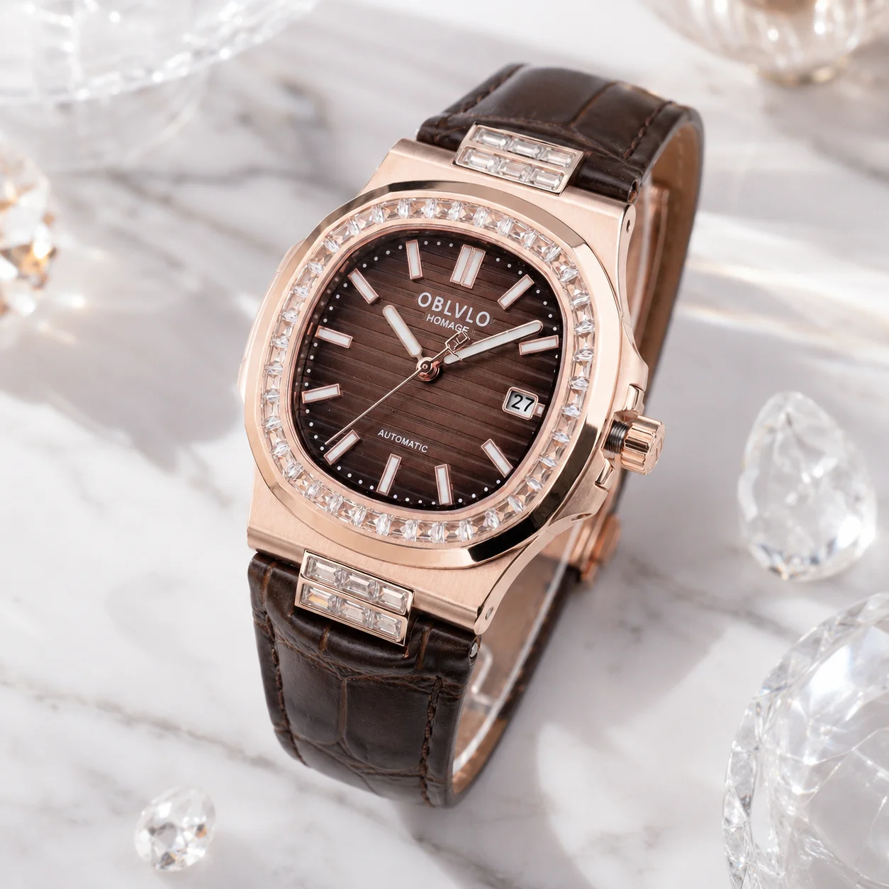 OBLVLO Men's Ultrathin Automatic Watch 8.8mm Rose Gold Diamonds Miyota 9015 Movement Luminous Calfskin Strap FM-ATD