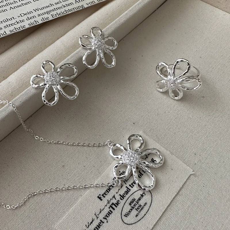 

S925 Sterling Silver Jewelry Flower Zirconia Set Simple Small Fresh Women's Earrings Necklace Ring Earrings for Women