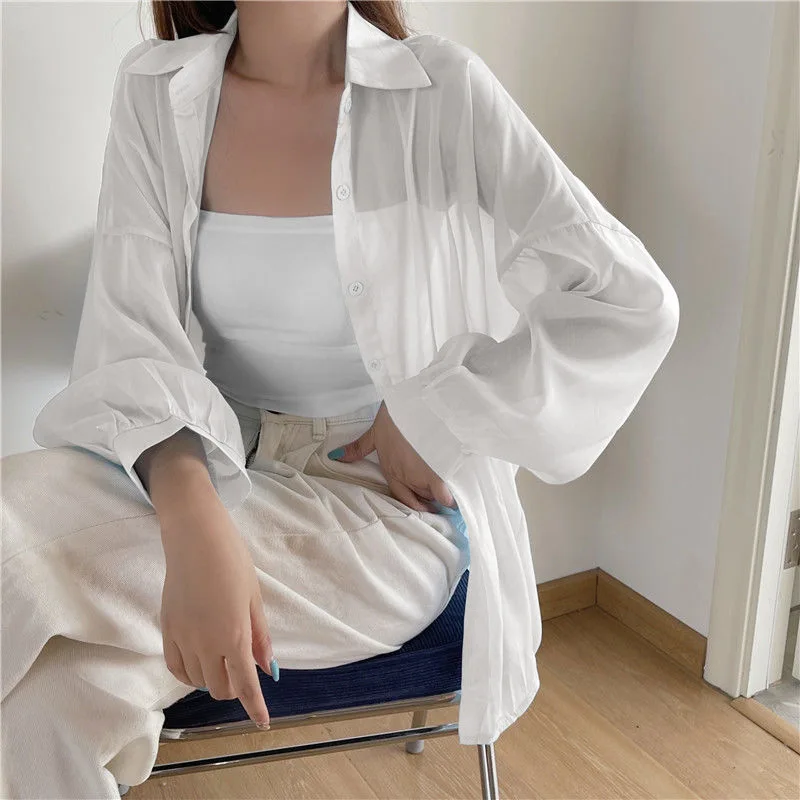 Women Casual Loose Chiffon Shirts Thin Long Sleeved Shirt Lady Sunscreen Female Transparent Blouses 2024 Summer Beach Clothing