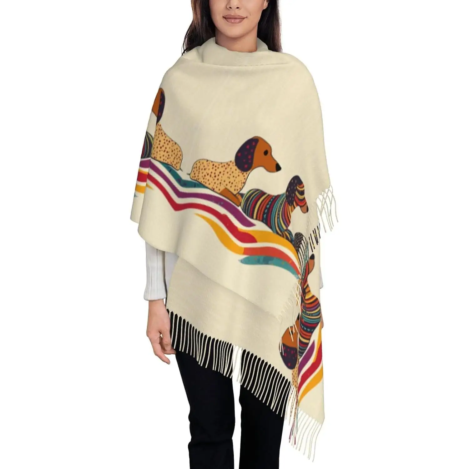 

Забавный зимний мягкий шарф с таксой, милая собака-колбаска, женские теплые шали, уютный шарф с кисточками для яркого щенка