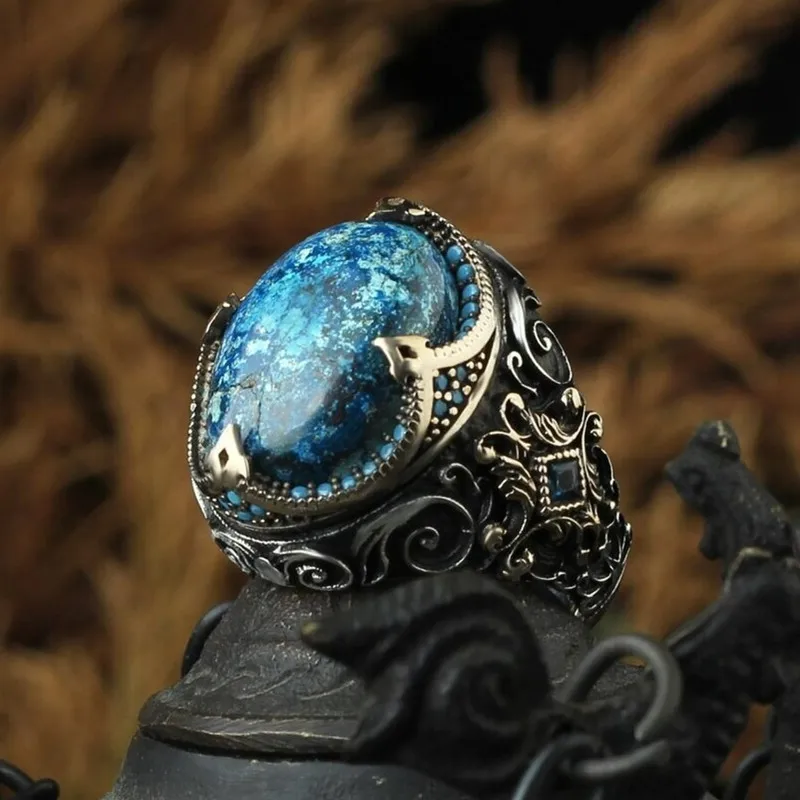 Gothic Vintage Pattern Carving Blue Stones Rings for Men Masculine Cool Silver Finger Bands Party Hiphop Unique Accessory 3
