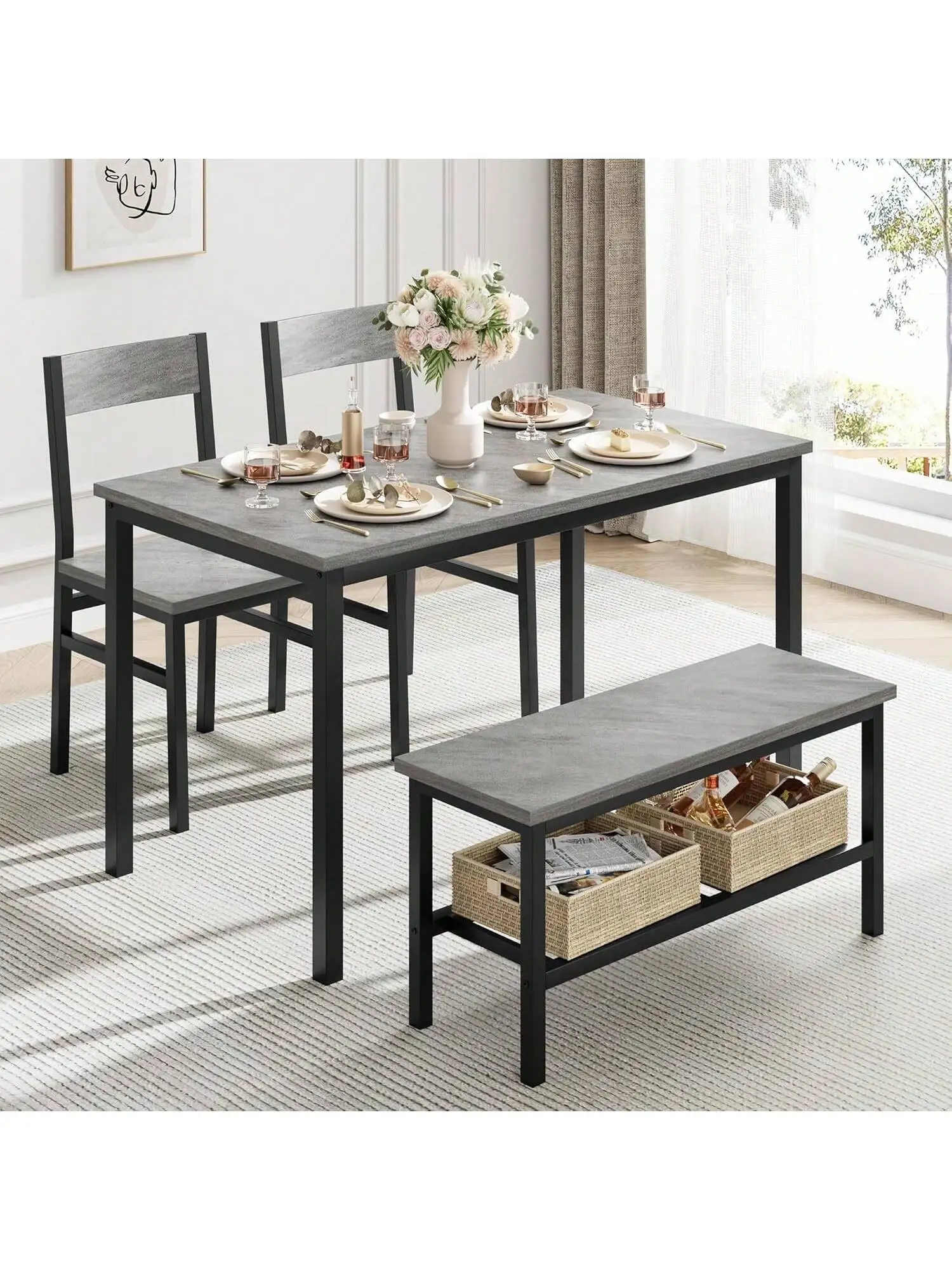 Esstisch-Set für 4 Personen, moderner Küchentisch mit Stühlen und Bank für kleine Räume, 4-Personen-Esszimmer-Tischset mit Metallgestell und Ablagefach, Essgruppe für Apartments-A