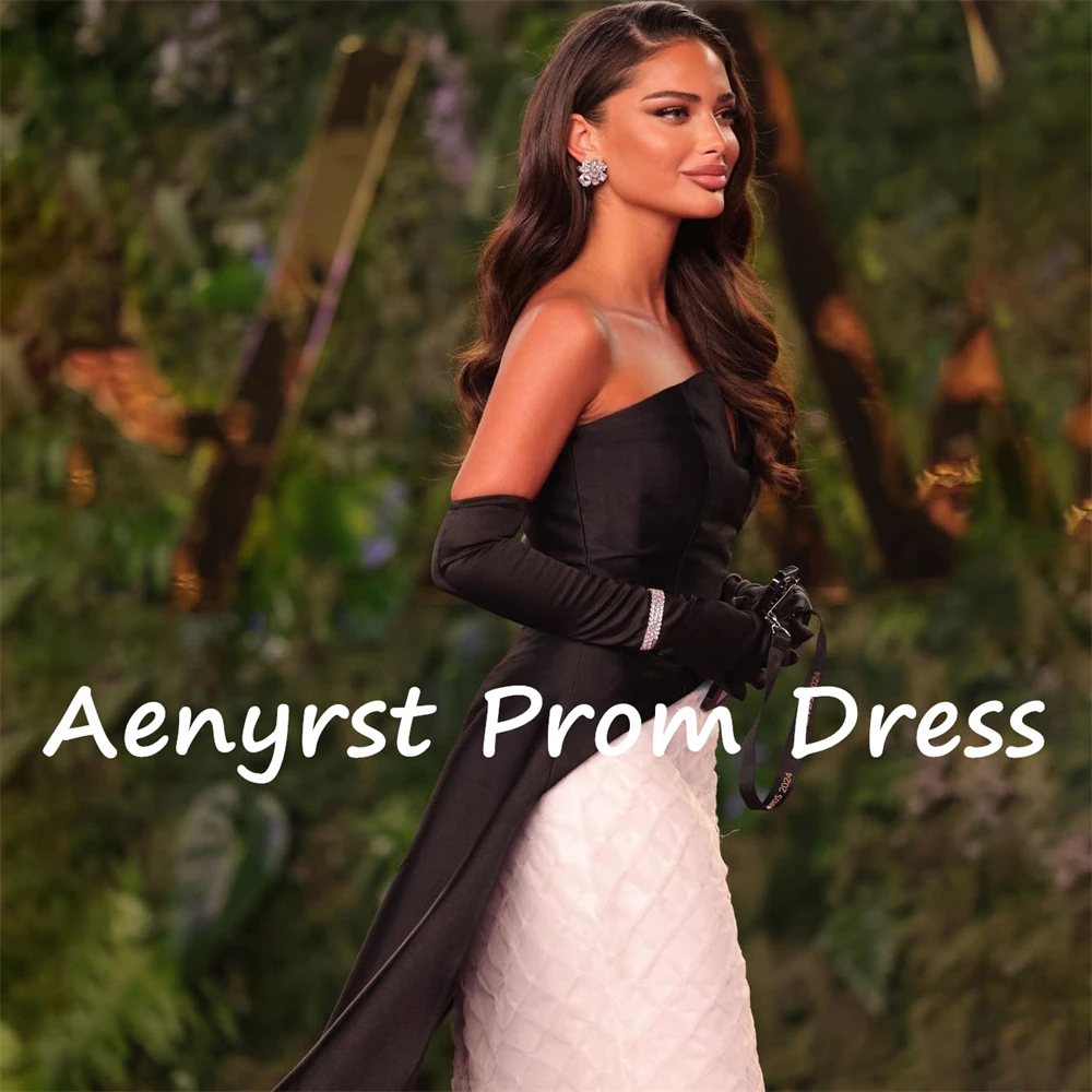 Aenyrst Elegant Contrast Color Strapless Satin Prom Dresses Mermaid 3D Appliques Evening Gowns Floor Length Formal Party Dress