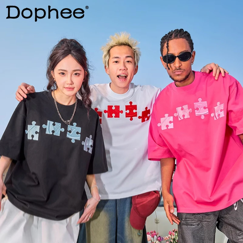 

Men's Women's 2025 Summer New Over Size Colorful Embroidered Tops Short-sleeve Round Neck T-shirts Fashion Loose Comfort Tees