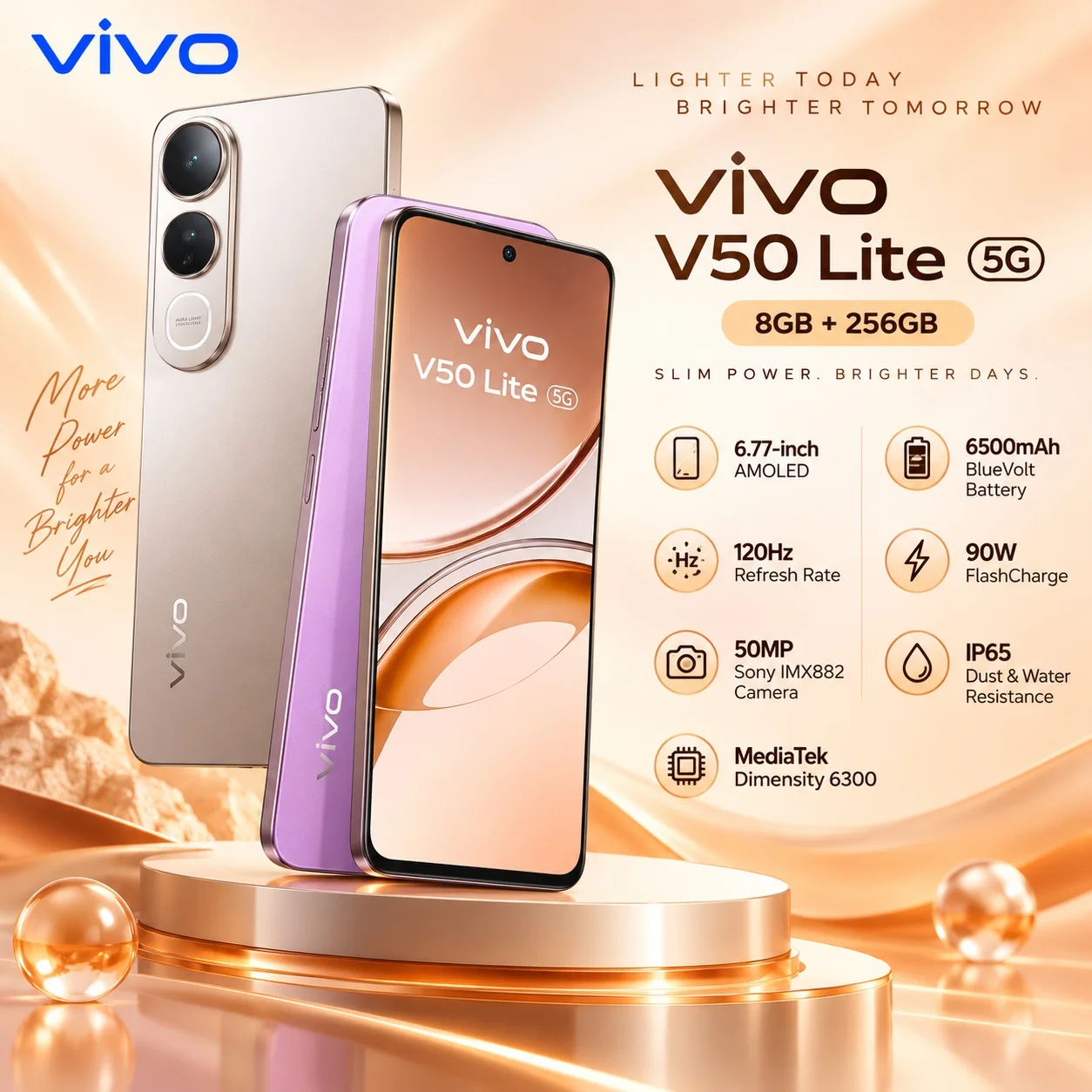 VIVO V50 Lite 5G 8GB+256GB Dimensity 6300 120Hz AMOLED 50MP Sony Camera 6500mAh 90W Fast Charge IP65 5G Dual SIM Smartphone NFC