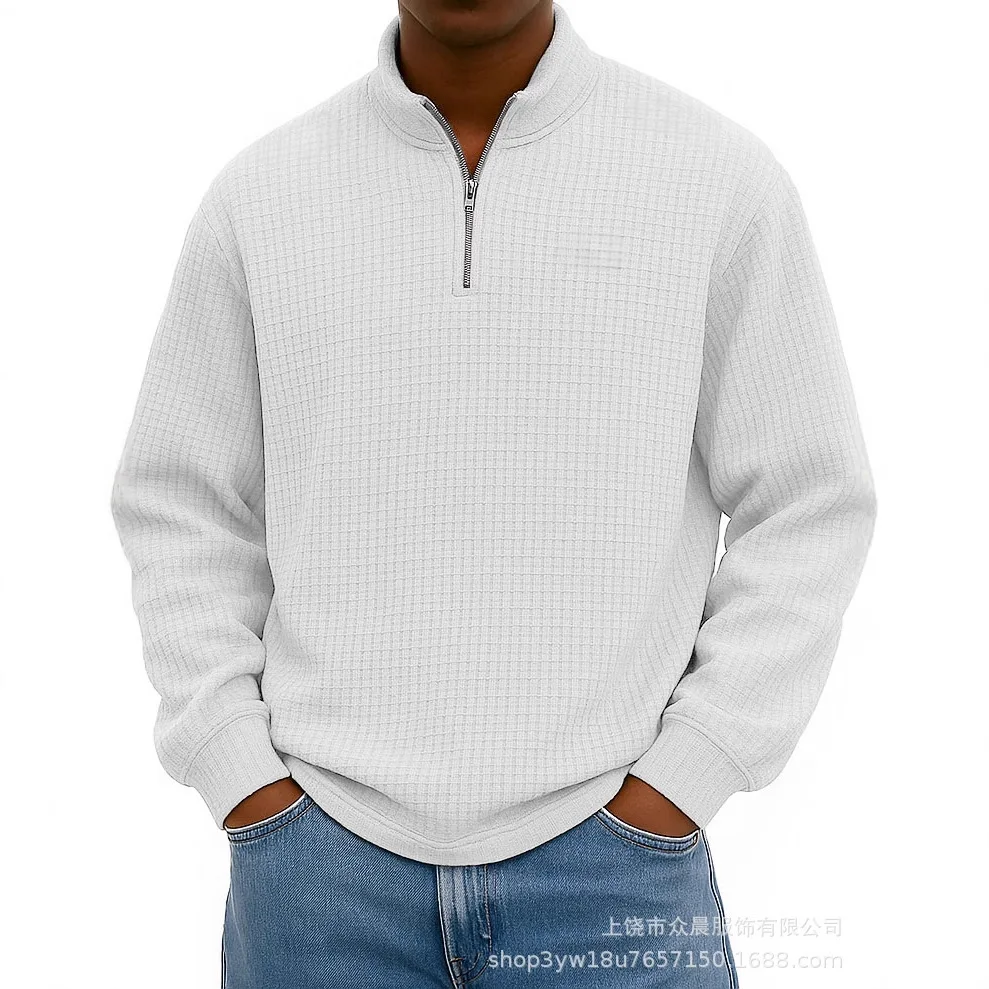 

2026 Spring Summer New Arrival Men's Casual Pullover Top - Collar Zipper Waffle Knit Long Sleeve Polo Shirt