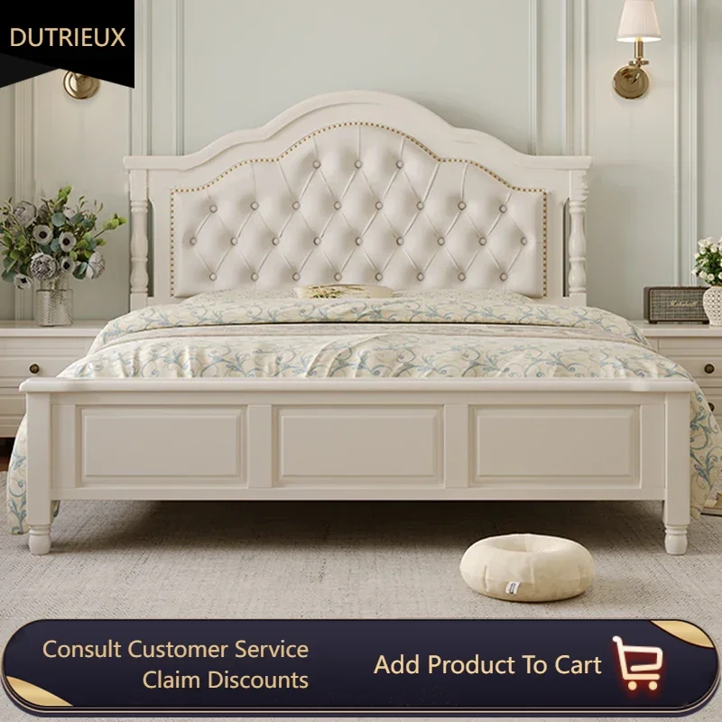 

American Pretty Double Bed White Carved Wood Comferter Luxury Queen Bed Frame Storage Modern Letto Matrimoniale Furniture Home