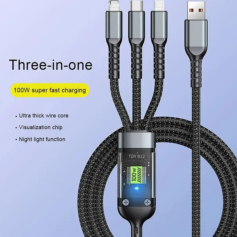 ユニバーサル急速充電ケーブル,マルチチャージャー,編組ナイロン,複数のUSB, 3 in 1充電コード,タイプCマイクロアダプター,100w