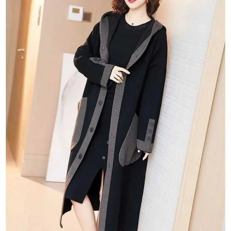 Fashion Hooded Button Spliced Pockets All-match Coats Women Clothing 2023 Autumn New Oversized Casual Tops Loose Commute Trench