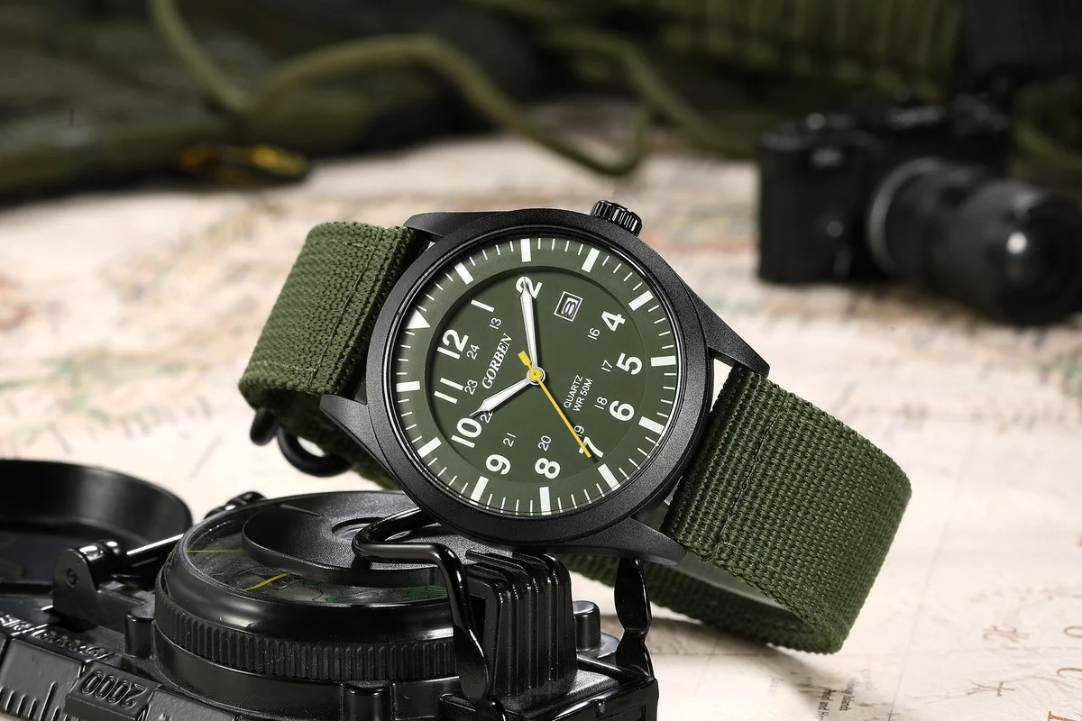 Gorben Fashion Men\'s Quartz Watch Nylon Strap Automatic Date Military Wristwatch ArmyGreen 2021 new