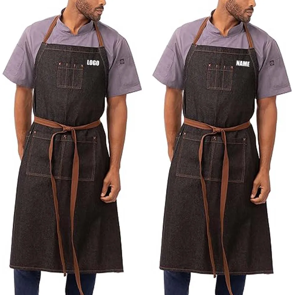 Personalized Printing Labor Protection Multi Pocket Workwear Catering Hair Dressinglong Denim Apron