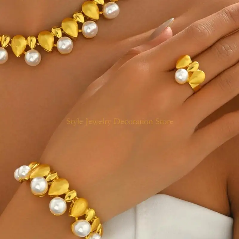 d46e اللؤلؤ سوار قلادة الأقراط حلقات المجوهرات مجموعة ملحقات عصرية