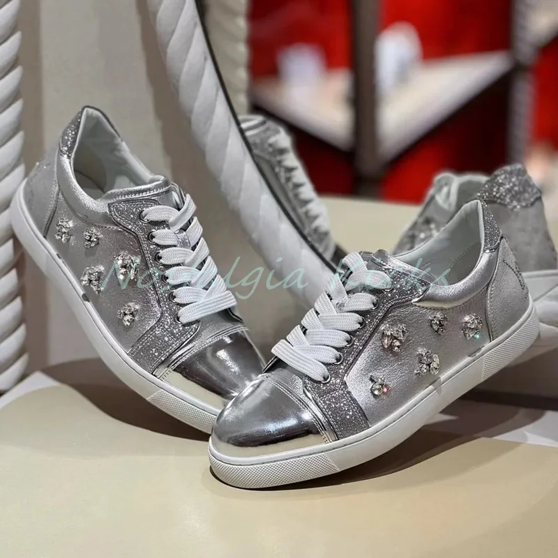 

Glitter Silver Lace Up Unisex Casual Sneakers Sparkle Mesh Chunky Sole Running Shoes Man Crystal Breathable Footwear Daily Wear