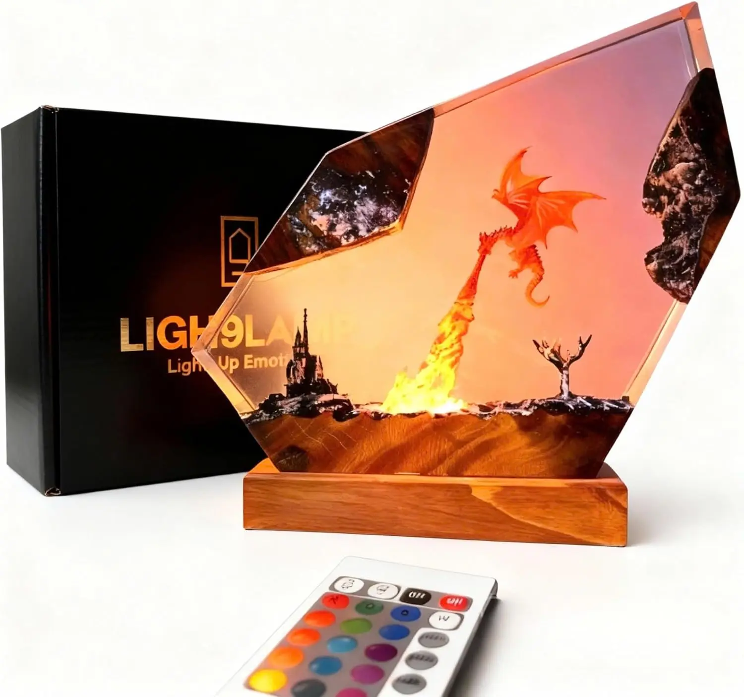 Fantasy Dragon Resin Lamp with 16 Color LED, USB Powered Night Light on Wooden Base & Remote, Handmade Gift for Holidays